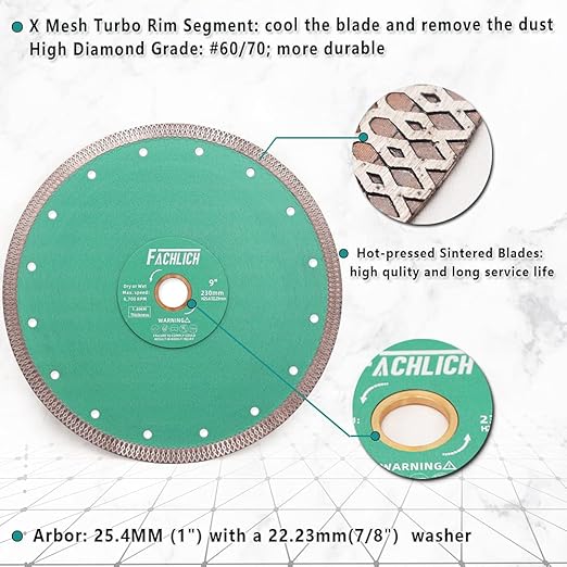 Diamond Porcelain Saw Blades - 9" Tile Blade 230MM Ceramic Cutting Disc with X Teeth Turbo Mesh Rim for Ceramic Tile Porcelain Granite Marbles