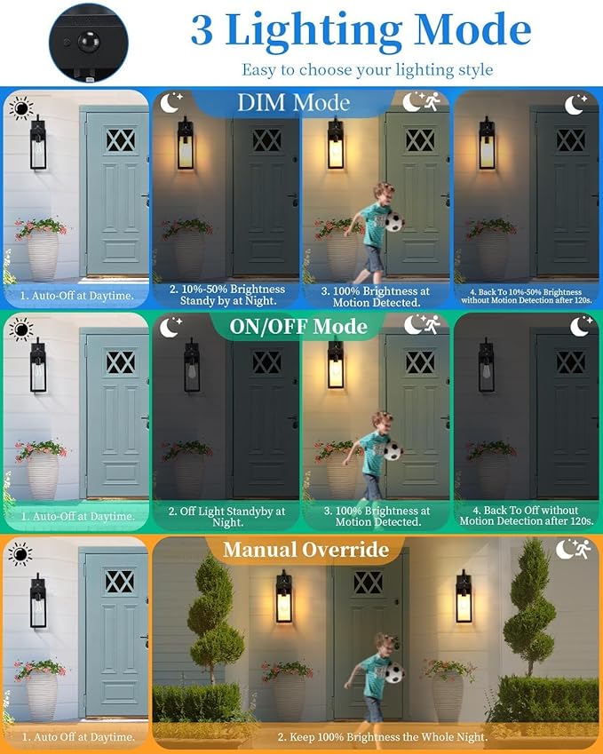 18'' Large Motion Sensor Outdoor Lights 2 Packs, Dusk to Dawn Exterior Lighting Fixtures, Modern Black Outdoor Sconces Porch Light for House, Outside Farmhouse Wall Lanterns for Front Door, Garage