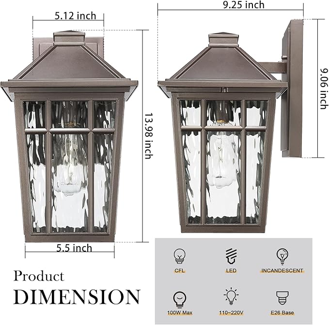 Darkaway Large Outdoor Sconce Lights Wall Light Fixtures,14inch Exterior Porch Light Outdoor Sconce Anti-Rust Outside Light with Water Ripple Glass for Patio Yard Garage, 2 Pack