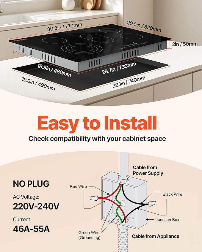 VEVOR Built in Electric Stove Top, 30 inch 5 Burners Ceramic Cooktop, 240V Glass Radiant Cooktop with Sensor Touch Control, Timer & Child Lock Included, 9 Power Levels for Simmer Steam Slow Cook Fry