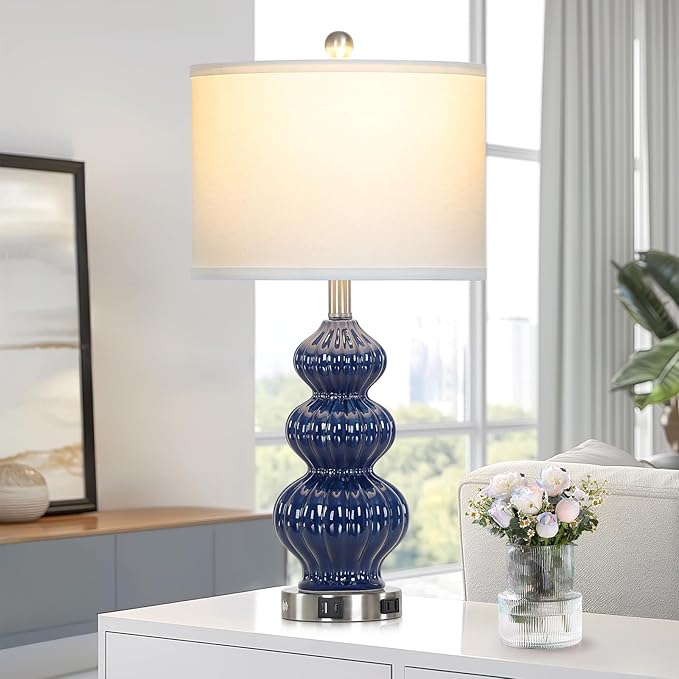 Triple Gourd Ceramic Table Lamps Set of 2, Modern Blue Bedside Lamps with USB A+C Ports & AC Outlet, 3 Way Touch Control Contemporary Nightstand Lamps for Bedroom Living Room