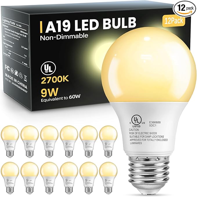 VOLIVO 12 Pack LED Light Bulbs, 60 Watt Equivalent A19 LED Bulb, Soft White 2700K, 9W E26 Standard Base, UL Listed 800 Lumens 120V, Non-Dimmable, Energy Saving Lightbulbs for Bedroom Indoor