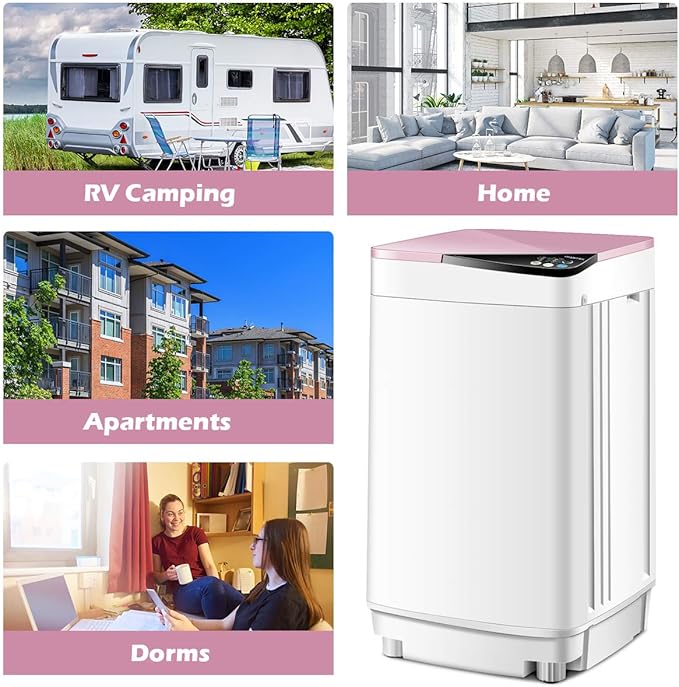 Waterjoy Portable Washing Machines, 7.7 lbs Load Capacity Portable Washer and Dryer Combo with Built-in Barrel Light & LED Display for Household and Apartment （Pink）