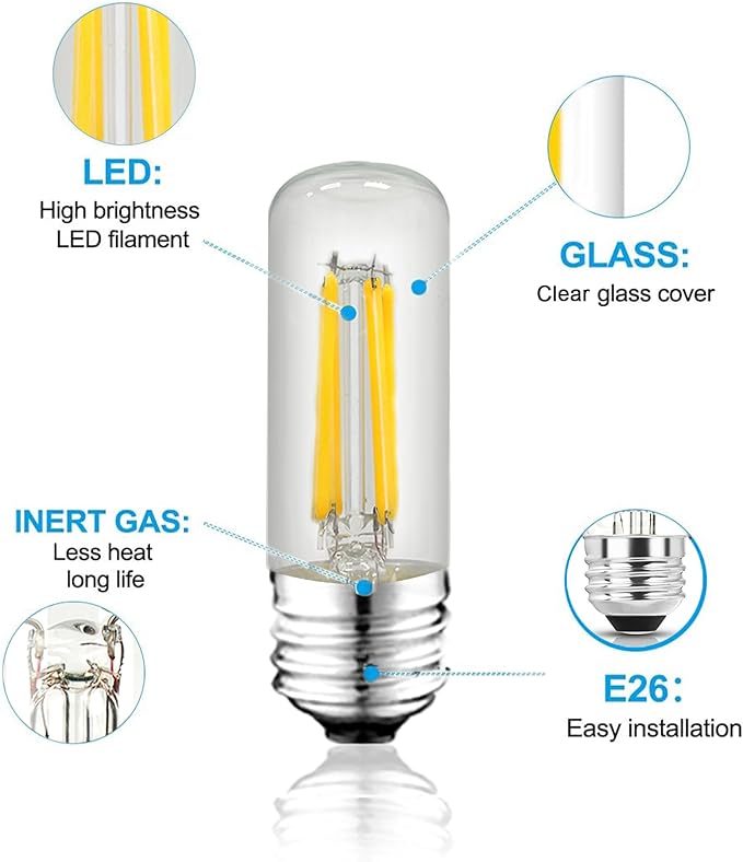 3.2 Inch 4000K Neutral White E26 LED Bulb 60 Watt Equal, AC 120V 600LM Edison Bulbs Dimmable, 6W T10 Tubular Filament Light Bulbs Clear Glass for Fan Pendant Wall Light, UL Listed-4 Pack