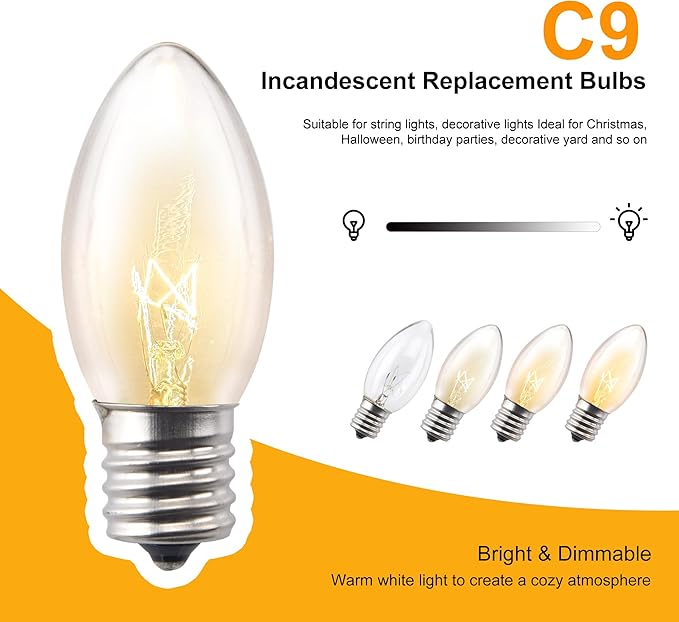 25 Pack C9 Incandescent Bulbs, C9 Replacement Clear Bulb for Christmas String Light, Indoor Outdoor Holiday Decor, E17 Intermediate Base, 7 Watt, Warm White
