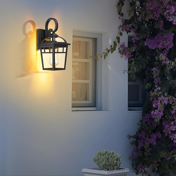 Front Porch Lights Outdoor Wall Lights Exterior Wall Sconce, Matte Black Exterior Light Fixtures with Seeded Glass Farmhouse Outdoor Lighting Fixtures for House Garage Porch Patio, 2 Pack