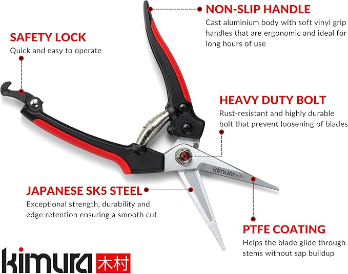 Kimura® 8" Pro Pruning Scissors, Premium Japanese SK5 Hi-Carbon Steel Blades, Non-Slip Vinyl Coated Handles, Lightweight & Ergonomic, Multi-Tasking Pruning Shears, Garden Snips, Precision Clippers