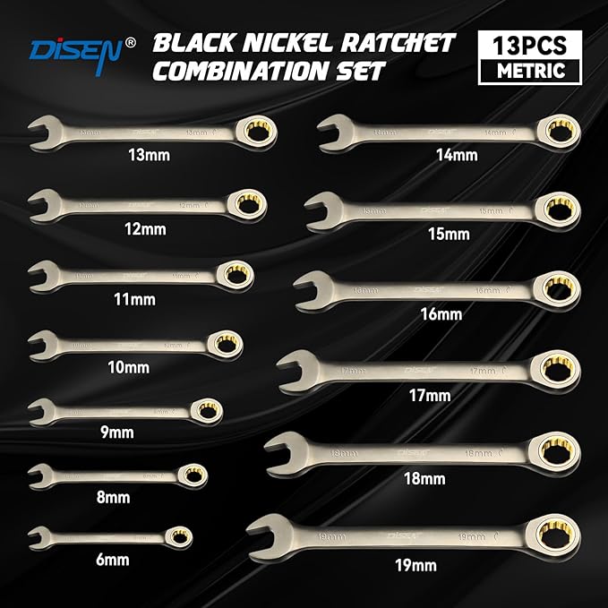 DISEN 13pcs 90-Teeth Ratchet Wrenches Set, Fixed Head Metric Ratcheting Wrench Set 6, 8, 9, 10, 11, 12, 13, 14, 15, 16, 17, 18, 19MM, Cr-V Constructed, Nickel Plating with Organizer