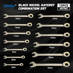 DISEN 13pcs 90-Teeth Ratchet Wrenches Set, Fixed Head Metric Ratcheting Wrench Set 6, 8, 9, 10, 11, 12, 13, 14, 15, 16, 17, 18, 19MM, Cr-V Constructed, Nickel Plating with Organizer