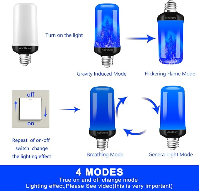 Flame Light Bulbs, 4 Modes LED Flame Effect Light Bulb, E26 Base Flickering Light Bulb with Gravity Sensor,Flickering Light Bulbs Halloween Home Party (Blue-2 Pack)