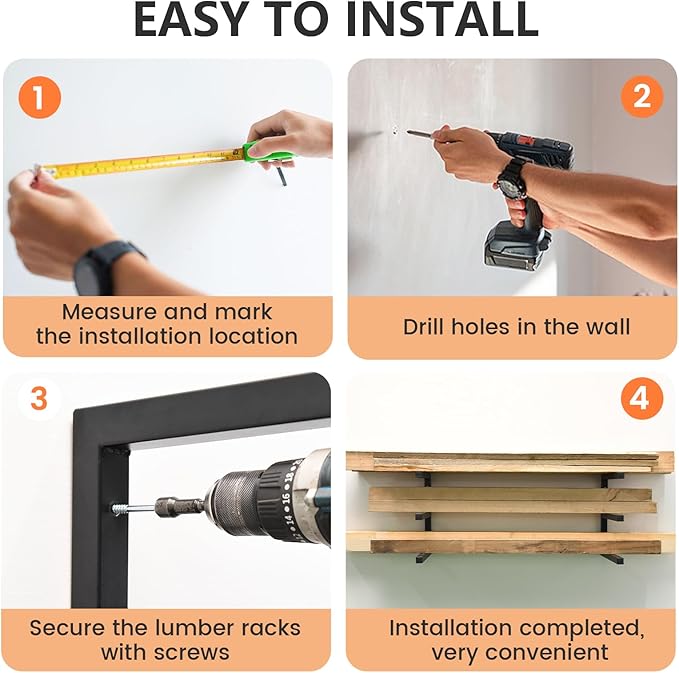 4 Pack Wood Organizer and Lumber Storage Rack Wall Mount, Heavy Duty Wood Storage Organizer Racks with 3-Level System for Garage, Workshop, Basement, Holds Up 220 LBS Per Level (Black)