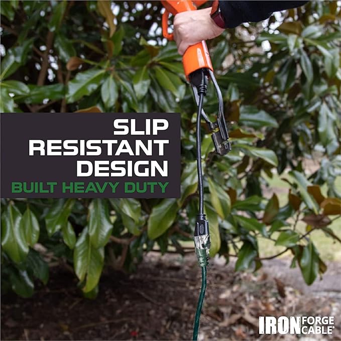 Iron Forge Cable Weatherproof 50 Ft Outdoor Extension Cord - 14/3 SJTW 15 Amp Heavy Duty Green Extension Cord 3 Prong - Lighted End