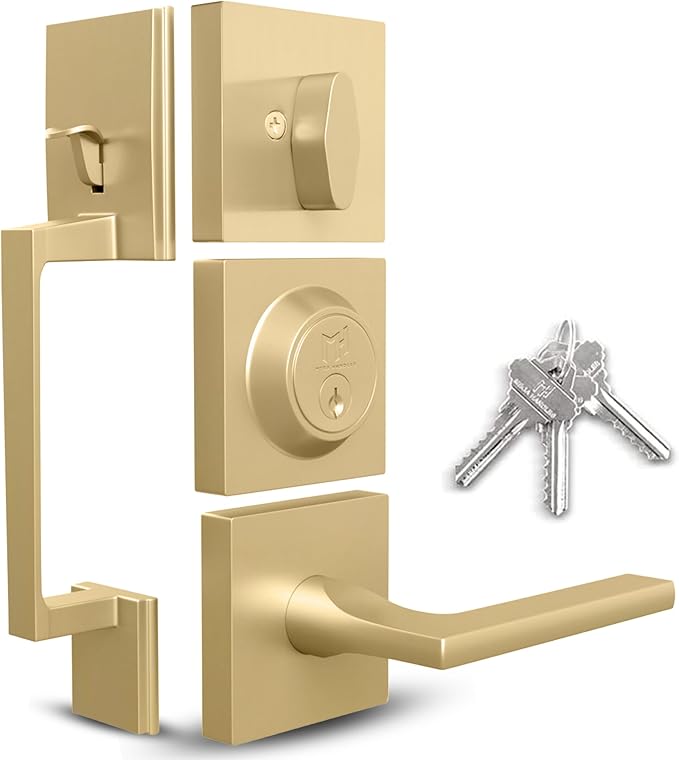 Mega Handles - TOBELLE Gold Entry Door Handleset - Single Cylinder Handleset with Lever for Entrance and Front Doors - Modern Door Handles for Left and Right-Handed Doors - Straight Handle