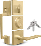Mega Handles - TOBELLE Gold Entry Door Handleset - Single Cylinder Handleset with Lever for Entrance and Front Doors - Modern Door Handles for Left and Right-Handed Doors - Straight Handle