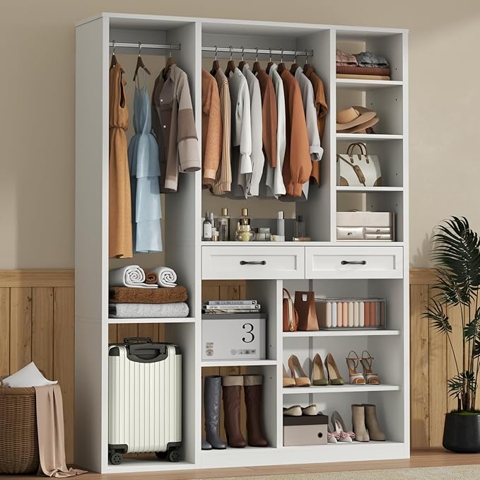 Closet System with 2 Drawers, 55” Wood Closets Organizer and Storage with 2 Hanging Rods, Walk-In Closets System, Clothes Rack with 10 Shelves, White Closet Shelves System Large Wardrobe for Bedroom
