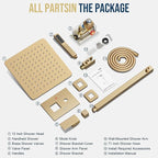 Gold Shower Faucet Set, Rainfall Shower System with Rain Shower Head and Handle Set, Wall Mounted Shower Fixtures, Full Metal Trim Repair Kit 12 inch Paint Gold (With Shower Valve)