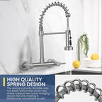 Wall Mount Kitchen Sink Faucet, 8 Inch Center Wall Mount Kitchen Faucets with 3-Function Pull Down Sprayer, Dual Handles Commercial Faucet for Kitchen Laundry Restaurant (Brushed Nickel)