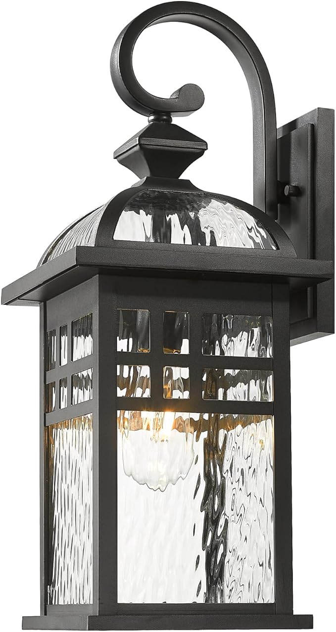 Outdoor Wall Lights Waterproof Exterior Lighting Fixture 15 Inch Height Black Porch Light Outdoor with Water Ripple Glass E26 Socket