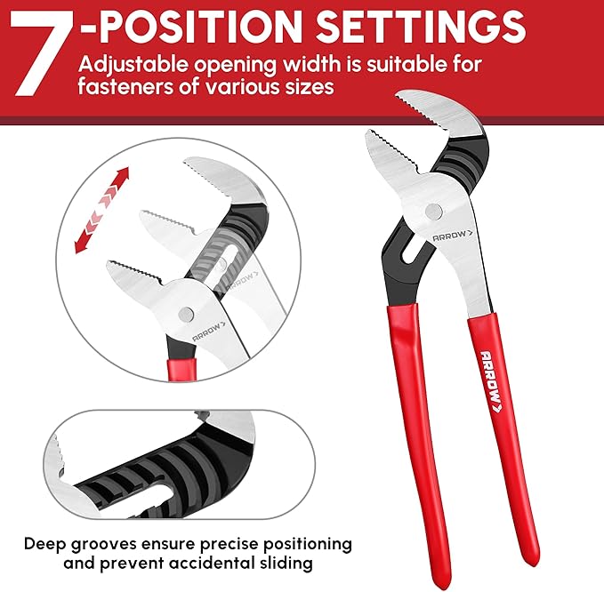 ARROW Groove Joint Pliers, 12" Adjustable Water Pump Pliers with 7 Jaw Positions, Serrated Jaws and Comfort Dip-grip Handle, Ideal for Plumbing Repair and Home Maintenance