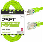 Iron Forge Cable Weatherproof 25 Ft Outdoor Extension Cord - 16/3 SJTW 13 Amp Heavy Duty Neon Green High Visibility Cable with 3 Prong - Lighted End