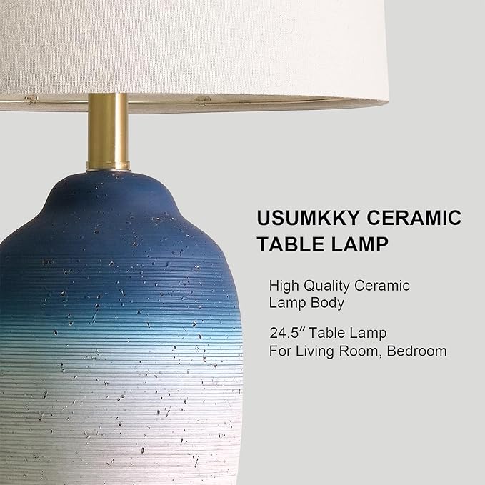 24.5" Vintage Ceramic Table Lamp - Single Farmhouse Rustic Bedside Lamp with Natural Textured Finish, Nightstand Lamps for Living Room, Bedroom, End Table, Office White and Blue