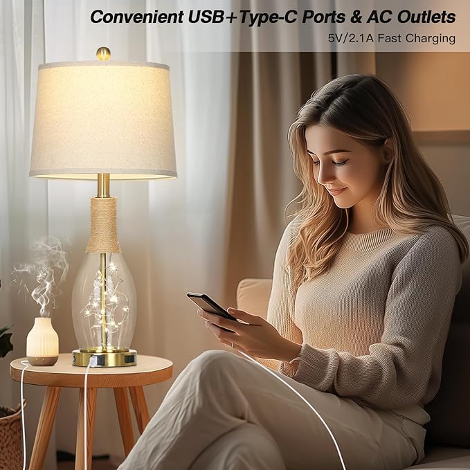 27.5" Coastal Glass Table Lamps Set of 2, Touch Control 3-Way Dimmable Modern Table Lamps with USB A+C Ports & AC Outlets, Farmhouse Rustic Boho Vintage Night Light for Living Room Bedroom Gold Ocean