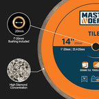 14" Continuous Rim Diamond Blade, Cutting Blade for Ceramic and Granite Tiles, Wet Cutting Blade with 7/8" Arbor Hole