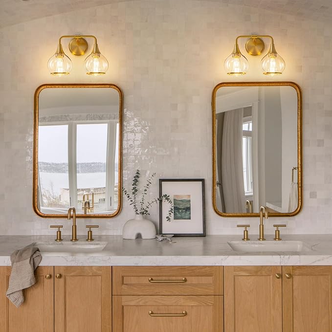 Gold Bathroom Light Fixtures 2-Lights Vanity Lights with Clear Glass Shade Bathroom Vanity Light 14 Inch Wall Sconces(Exclude E26 Bulb)…