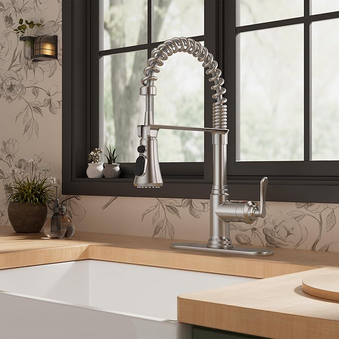 FORIOUS Rustic Kitchen Faucet with Pull Down Sprayer Brushed Nickel, 3 Modes Stainless Steel High Arc Vintage Spring Sink Faucet 1 or 3 Holes for Pot Filler, Farmhouse Camper Wet Bar