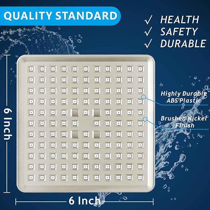 Voolan High Pressure Rain Shower Head - Luxury Modern Look - The Adjustable Replacement For Your Bathroom Showerhead - 6" Square High Flow Pressure Boosting Showers (Brushed Nickel)
