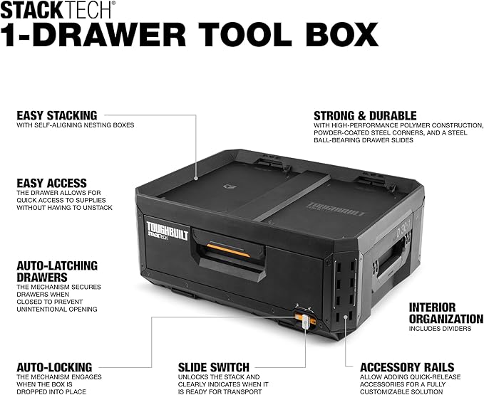 ToughBuilt StackTech 1 Drawer Tool Box, Heavy-Duty Portable Tools Chest, 50 lb Capacity - Stackable Toolbox Storage Organizer with 8 Dividers, Auto-Latching Drawers and Accessory Rails