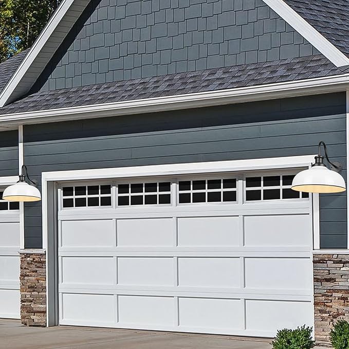 Outdoor Gooseneck Barn Lights, 14 Inch Dome Outdoor Wall Sconce Farmhouse Exterior Wall Mount Light Vintage Wall Lighting Fixture Industrial Wall Lantern for Porch, Entryway, Garage, RZ007M-2 WH