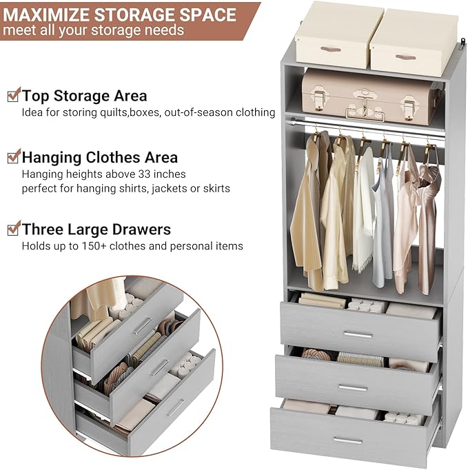 Closet System Set of 2, 4FT Closet Systems with 6 Wood Drawers, 48" Closet Organizer System with 2 Hanging Rods & 2 Shelves, Heavy Duty 48 Inch Walk-in Closet, Grey (48"L x 15" W x 80" H)