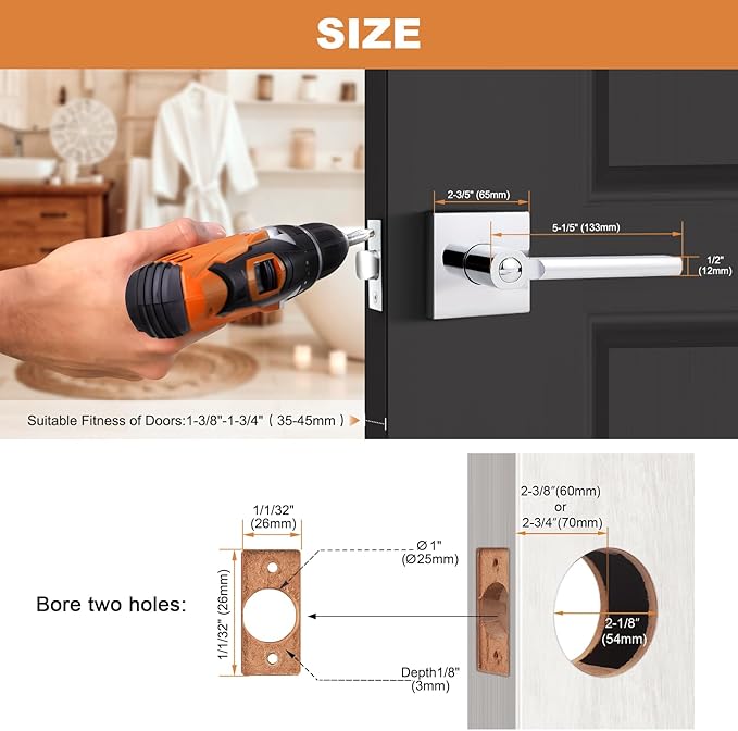 Probrico Polished Chrome Privacy Door Handle Lockset Heavy Duty Square Interior Door Lever for Bedroom or Bathroom Reversible Keyless Handleset Door Knob Slim Handed Levers, 2 Pack