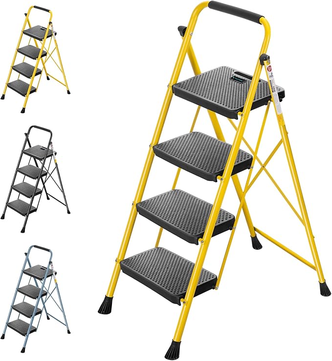 TICONN 4 Step Ladder, Heavy Duty Foldable Step Stool, Portable Steel Folding Stool for Household Garage Storage (Yellow)