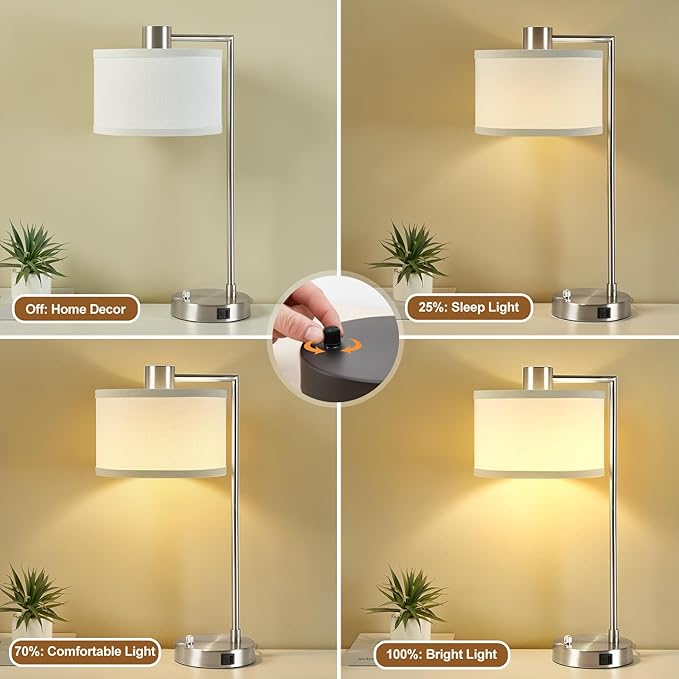 Luvkczc Table Lamps for Living Room with USB C+A Ports - Fully Stepless Dimmable Bedsides Lamp with Linen Lampshade, Lamps for Night Stands Bedroom Reading Office, 2 LED Bulbs Included (Silver)