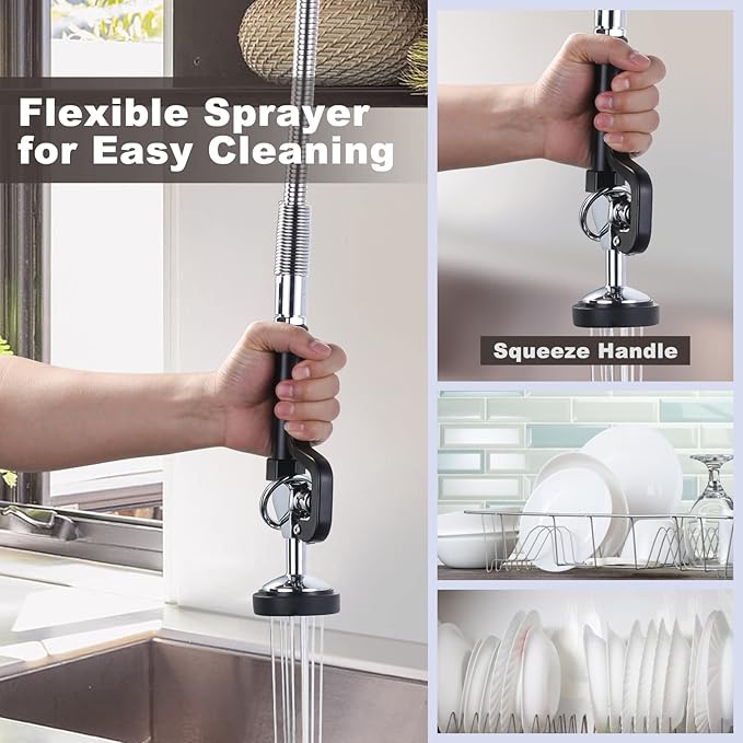 43" Height Commercial Kitchen Sink Faucet with Pre-Rinse Sprayer, 8 Inch Wall Mount Center Sink Faucet with Pull Down Spray Unit, Compartment Sink Faucet with 10" Swivel Spout for Restaurant