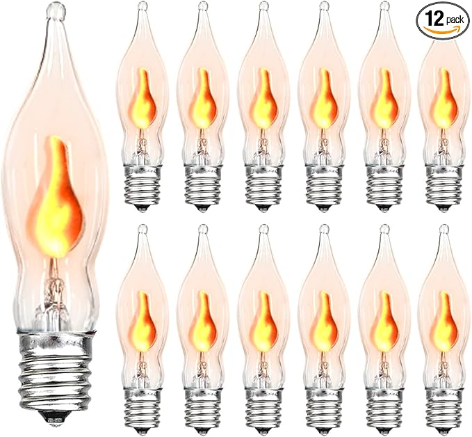 12 Count Halloween Flickering Flame Lights Bulbs, C7 Fake Fire Bulbs / E12 Flickering Flame Bulb, Fall Halloween Window Candle Light Bulbs, Christmas Halloween String Light Bulbs Replacement