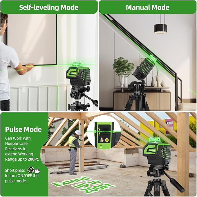 Huepar Self Leveling Green Laser Level Cross Line with 2 Plumb Dots Laser Tool -360 Horizontal Line Plus Large Fan Angle of Vertical Beam -Li-ion Battery with Type-C Charging Port&Magnetic Base 7211CG