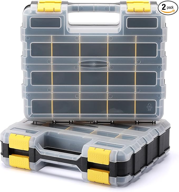 EMENTOL 2PCS Double Side Tool Organizer with Customizable/Removable Plastic Dividers, Hardware Box Storage for Screws, Nuts, Nails, Bolts, 34-Compartment, Black/Yellow