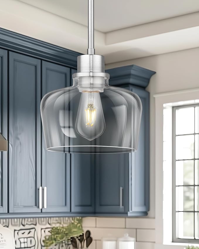 Emak Brushed Nickel Pendant Lights, Modern 8 Inch Clear Glass Pendant Light Fixtures for Kitchen, Bathroom, Bedroom, Dining Room, PL122-BN-CG