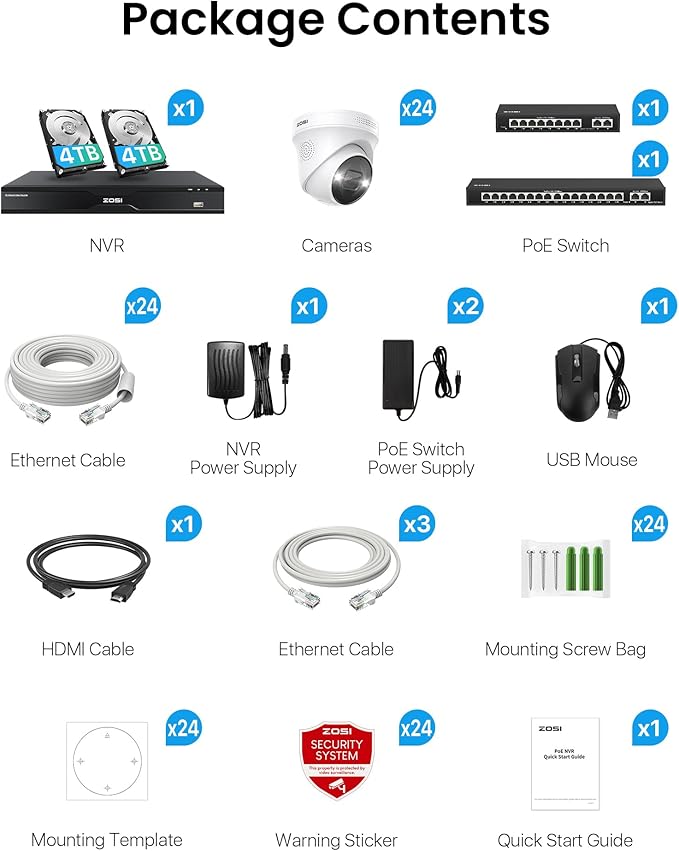 ZOSI 32 Channel 4K PoE Security Camera System, Face Person Vehicle Detection, 2 Way Audio, 24 x 8MP Spotlight Outdoor Indoor IP Cameras, 32CH 4K NVR with 8TB HDD for 24/7 Recording