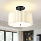 Semi Flush Mount Ceiling Light, 3-Light 12.5" Matte Black Ceiling Light Fixture with White Pleated Fabric Shade, Drum Lamp for Nursery Hallway Bedroom Kitchen, AD-25036-3SF-BK