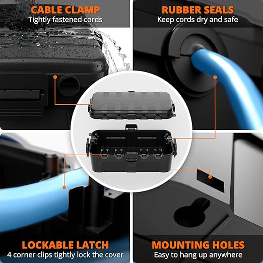 QUOBAS 2 Pack Outdoor Waterproof Electrical Box with 6 Cable Ports, IP54 Weatherproof Heavy-Duty Extension Cord Cover for Power Strips, Garden Power Tools, Holiday Lights, Black