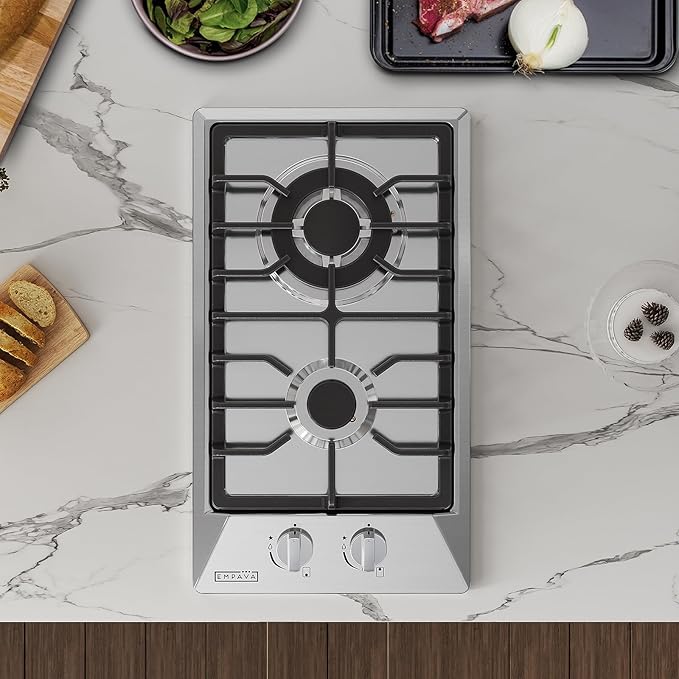 Empava 12 Inch Built-In Gas Cooktop with 2 Sealed SABAF Burners, Stainless Steel Surface Dishwasher Safe Cast Iron Grates, NG/LPG Convertible
