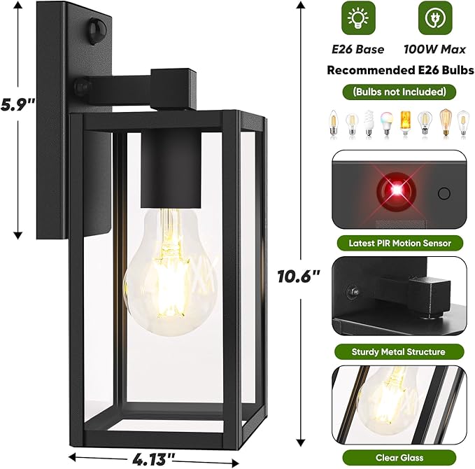 Upgraded Motion Sensor Outdoor Wall Light, 10.6” Small Dusk to Dawn Porch Light Wall Sconce Lantern, 3 Lighting Modes Exterior Lighting Fixture, Outside Light for House Front Door Garage, Black