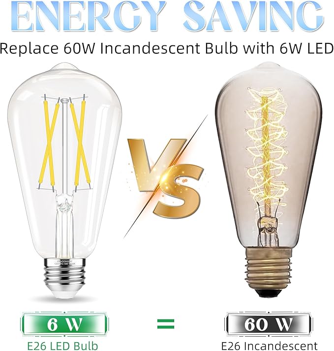 E26 Bulb, Non-Dimmable Edison Bulbs 60 watt Equivalent LED, 4000K Daylight White, ST58 Vintage Light Bulbs, 90+ CRI, 6W 600LM, E26 Medium Base, Clear Glass, 18 Pack