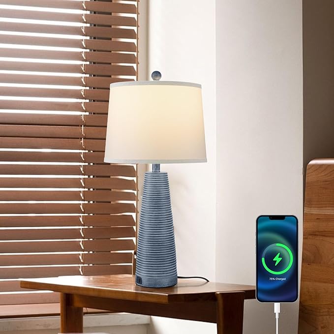 Terpsichore Nightstand Lamp Bedside Lamps Set of 2 Vintage Rustic Farmhouse Table Lamp 3 Way Dimmable Horizontal Stripe Light,Suitable for Living Room Bedroom,with Linen Shade LED Bulb,USB A+C Port