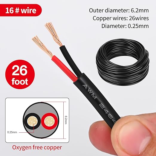 16 Gauge Wire 2 Conductor,16 AWG Electrical Wire Stranded PVC Cord Oxygen-Free Copper Cable,26FT 2 Core Pure Copper Flexible Cable Wire for LED Lamp Lighting Strips Automotive (16AWG-2C, 26FT)…