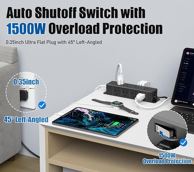 40W Fast Charging Under Desk Power Strip with Switch,12 Outlet Mountable Power Strip with 4 USB,1200J Surge Protection,6FT Flat Extension Cord Black